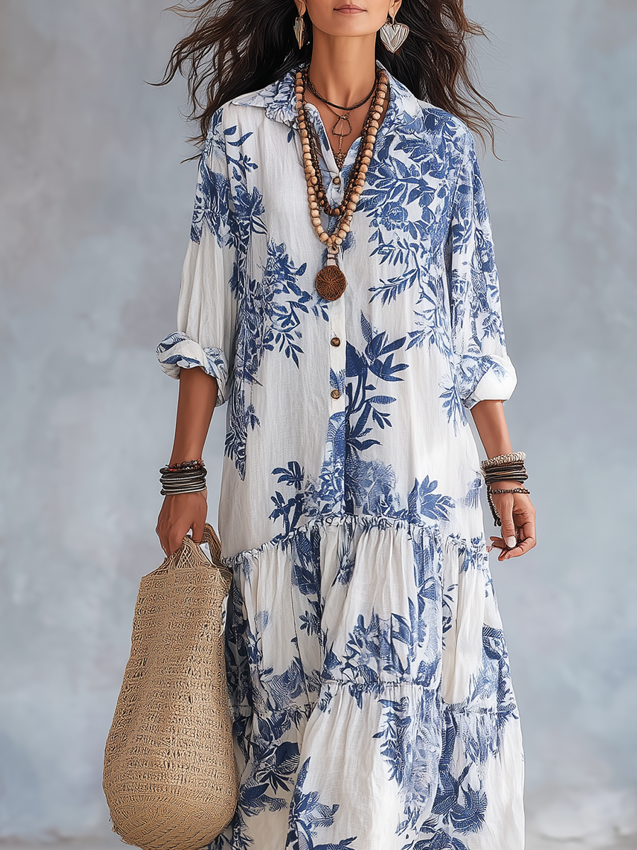 Styling inspiration showing the versatile blue floral short sleeve maxi dress paired with accessories for an elevated look.