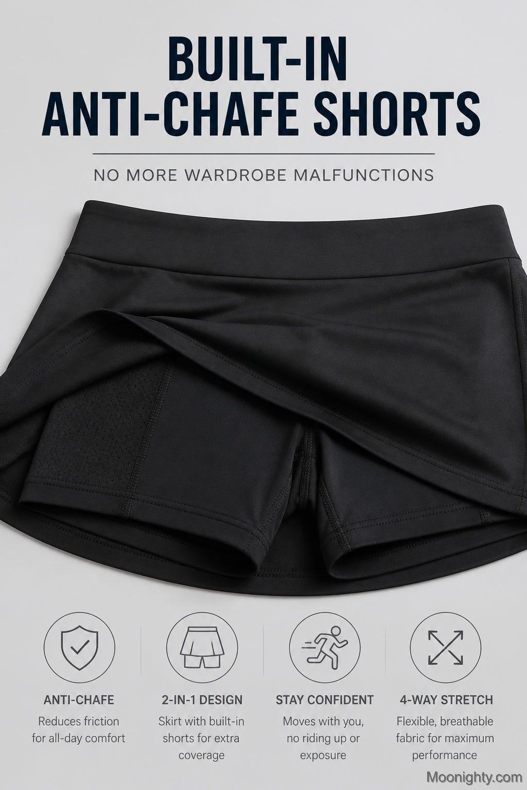 Side view of the blue-green active skort, displaying the full range of motion offered by its cut.