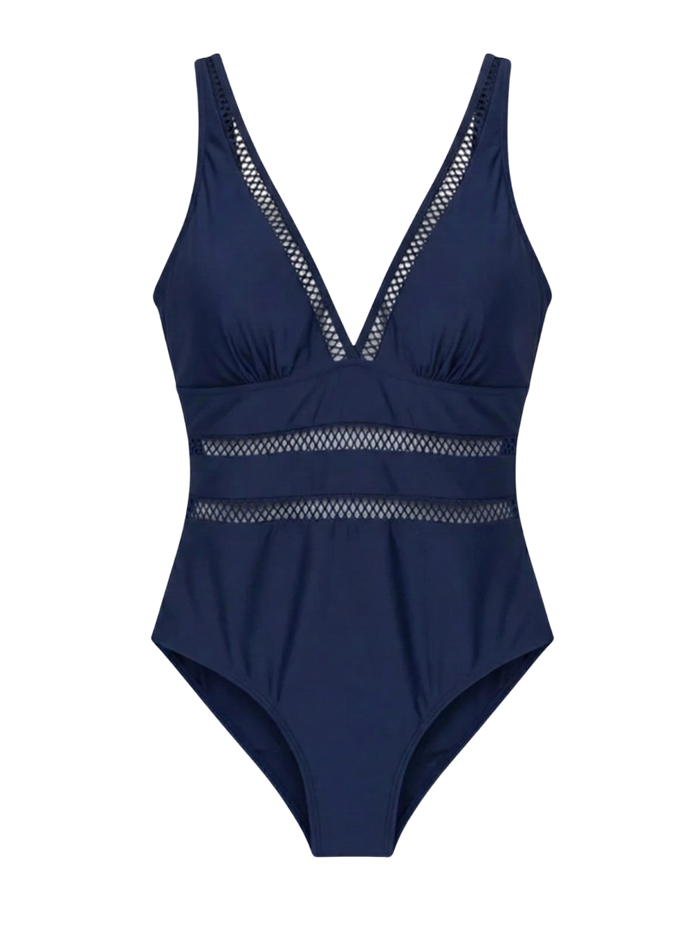 Flat lay of the navy one-piece swimsuit, highlighting its clean lines and timeless appeal.