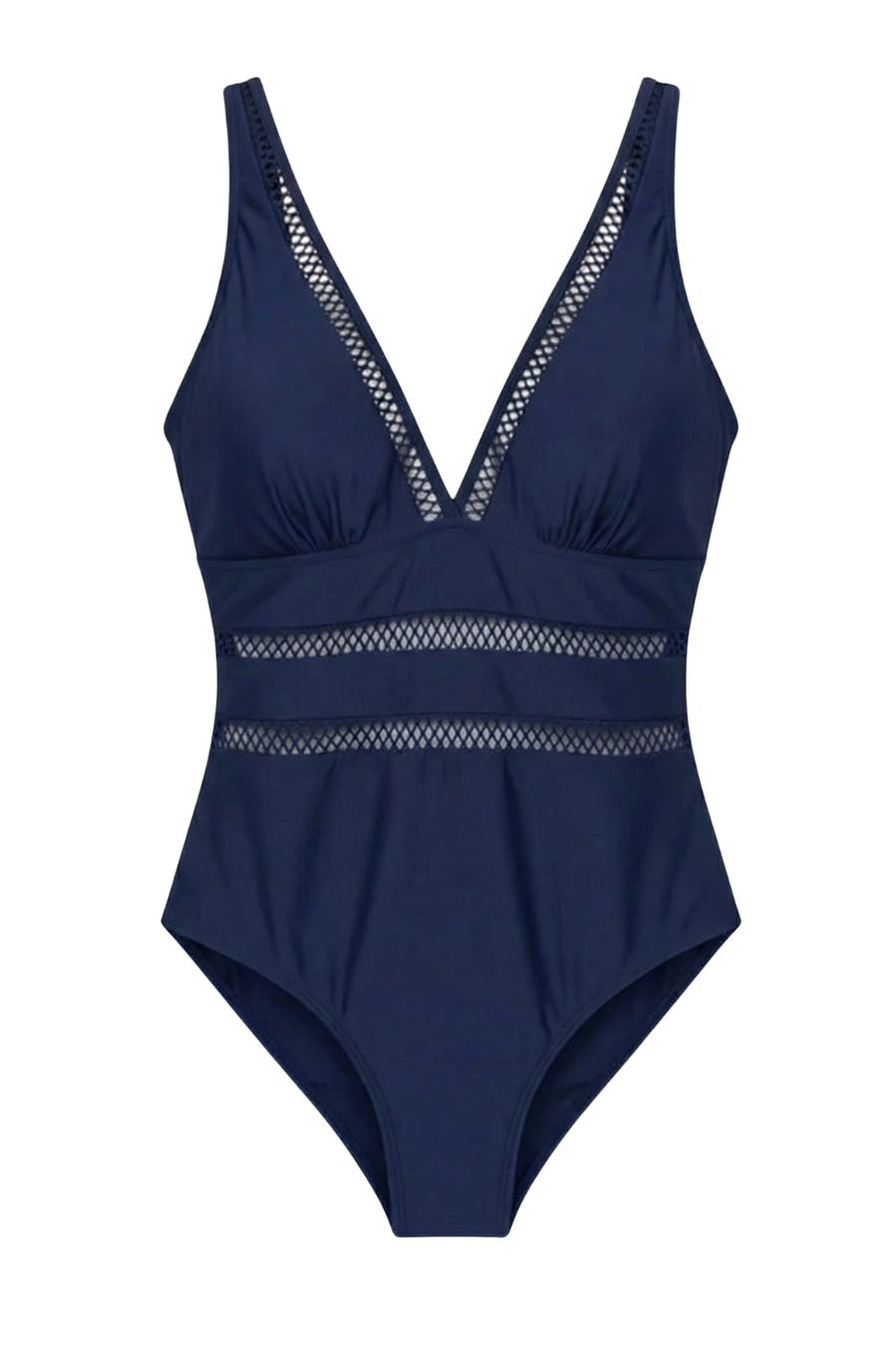 Flat lay of the navy one-piece swimsuit, highlighting its clean lines and timeless appeal.
