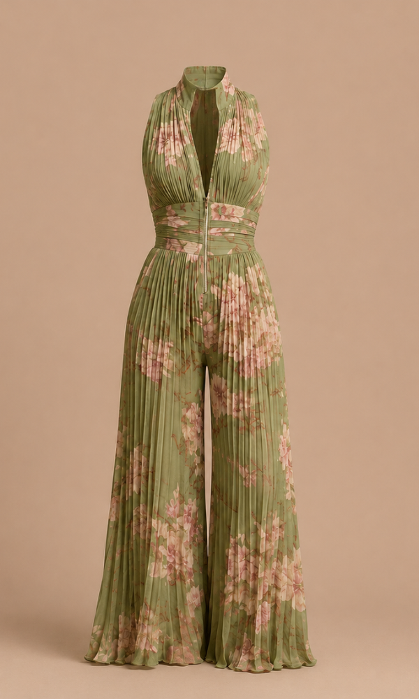 Close-up detail of the pleated design and V-neckline on the elegant green women's jumpsuit.