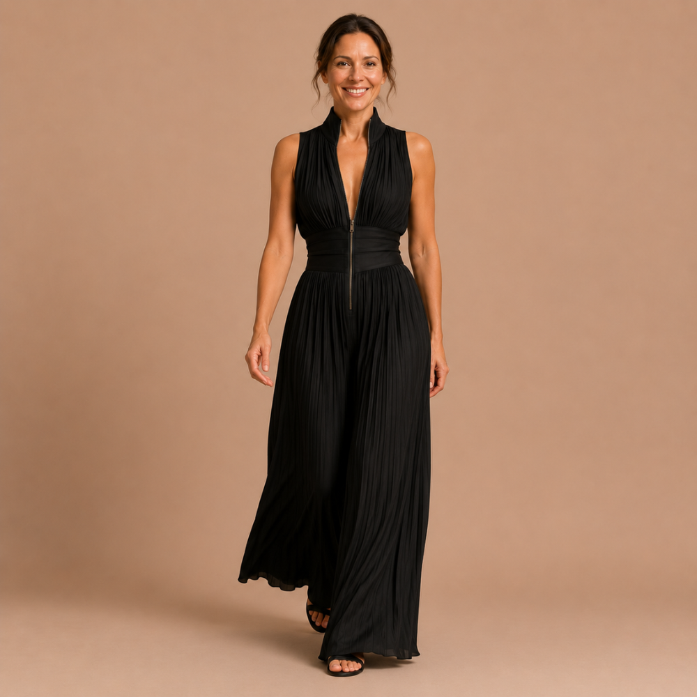 A model in the white women's jumpsuit, captured in natural light, perfect for warm weather styling.