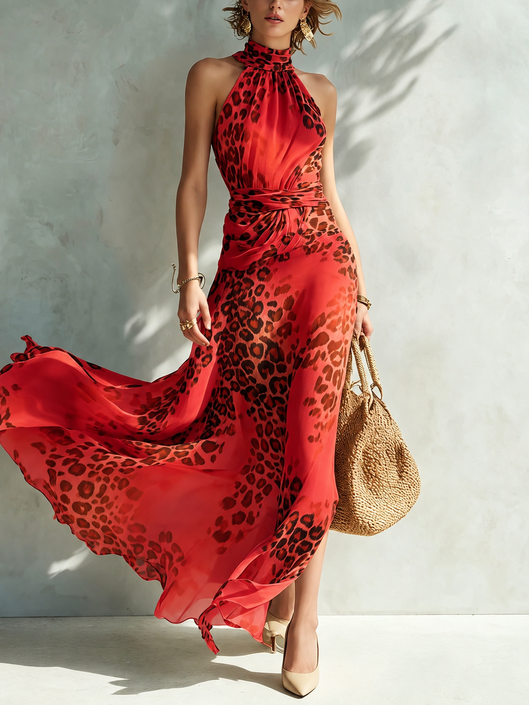 Model walking in the Elysia glamorous animal print maxi dress, illustrating the airy movement and graceful drape.
