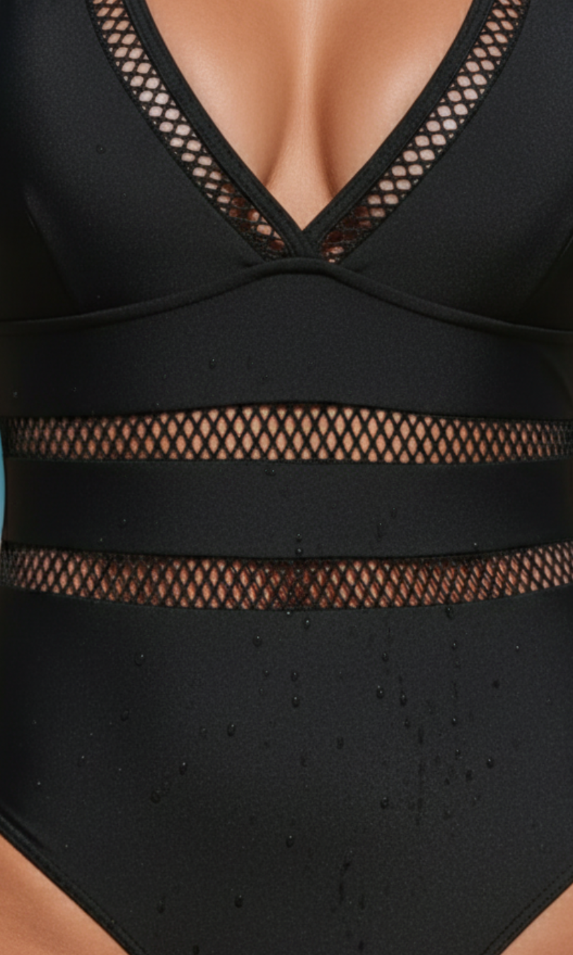 Model swimming gracefully in the black one-piece swimsuit, demonstrating freedom of movement.