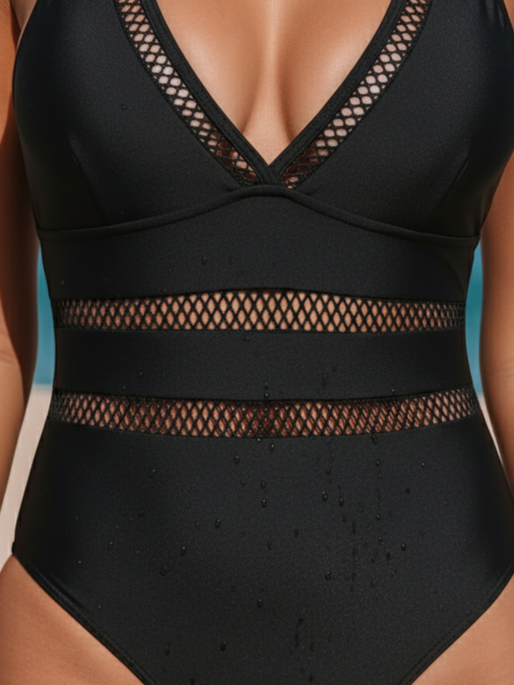 Model swimming gracefully in the black one-piece swimsuit, demonstrating freedom of movement.