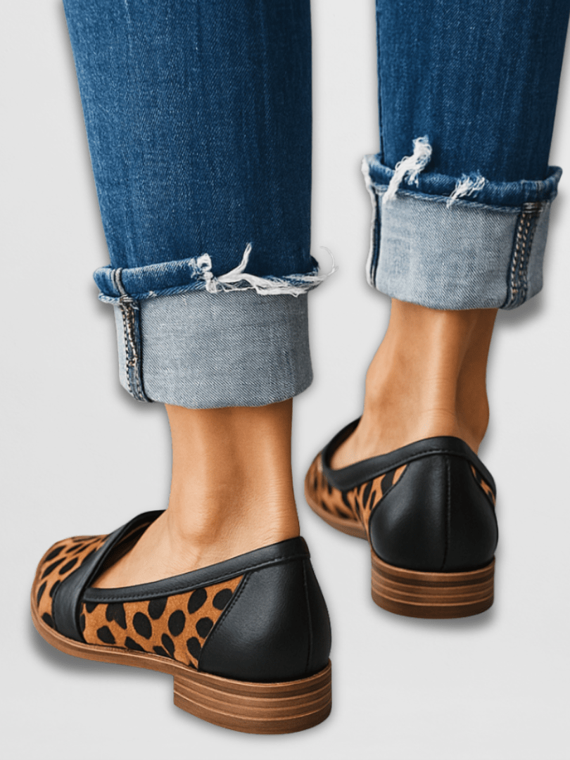 Camille women's suede loafers in various colors (brown, grey, black, leopard) arranged neatly, displaying the range of options.