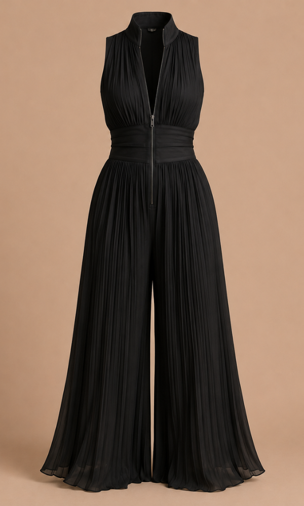 Focus on the sleeveless design and zipper detail of the crisp white women's jumpsuit.