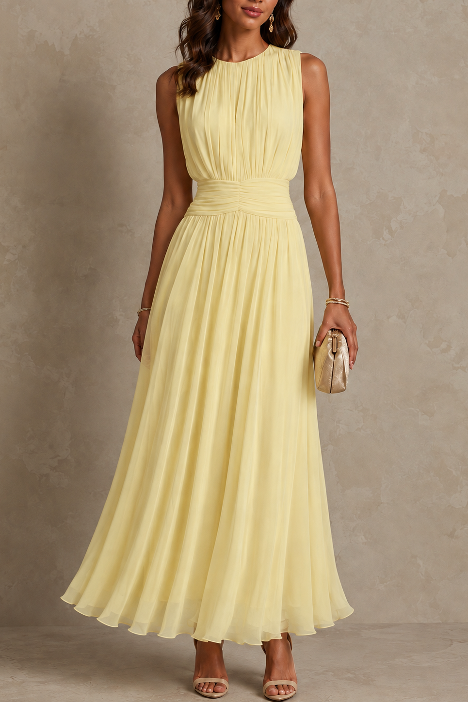 Close-up detail of the wide ruched waistband on the green chiffon dress, showing its comfortable stretch.