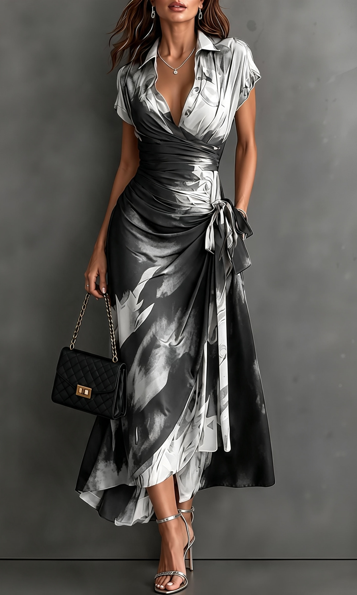 Blue artistic print maxi dress in a cafe setting, ideal for smart-casual engagements and afternoon tea.
