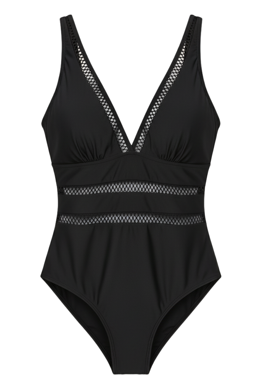 Flat lay of the black one-piece swimsuit, neatly folded, displaying its overall shape and color.