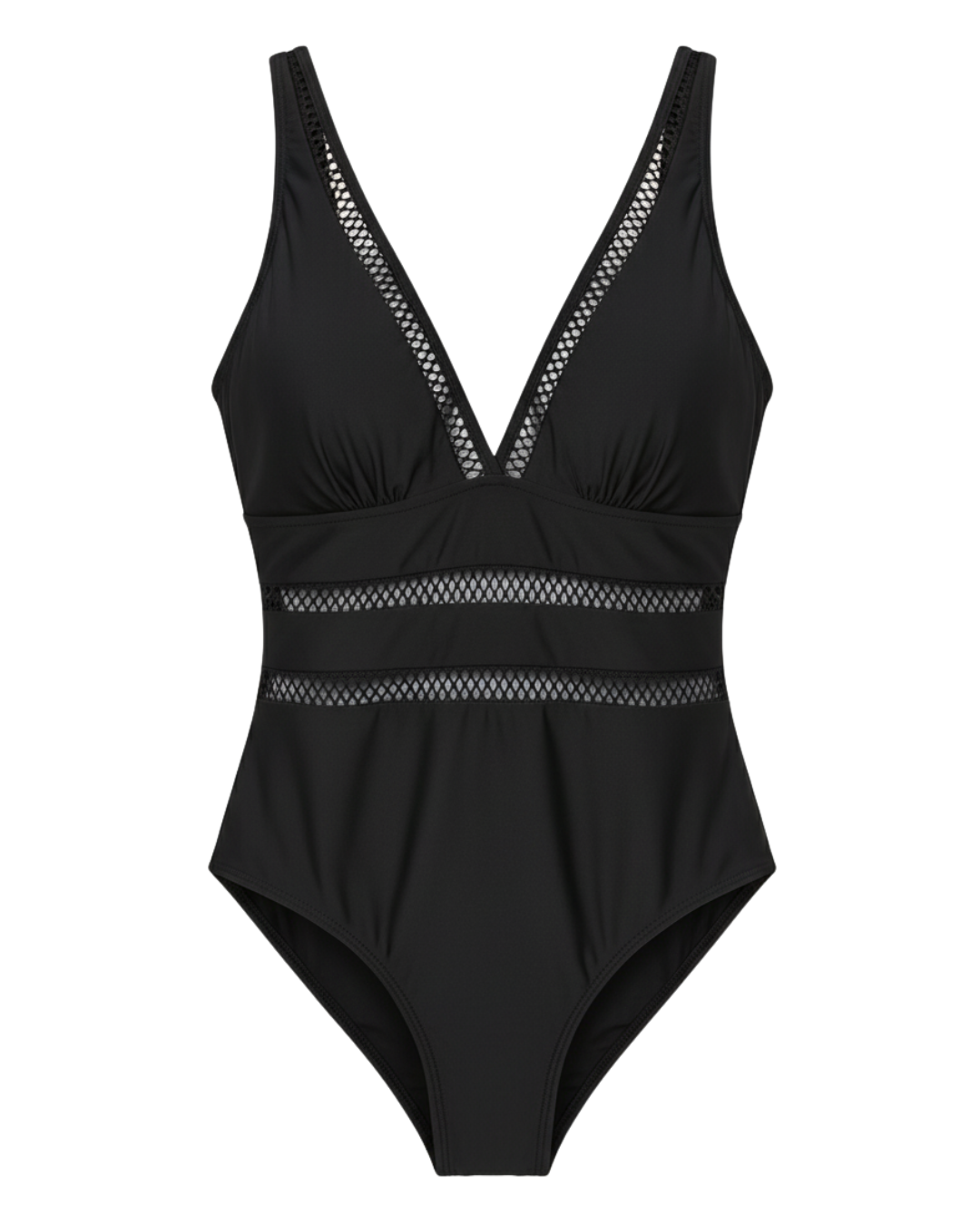 Flat lay of the black one-piece swimsuit, neatly folded, displaying its overall shape and color.