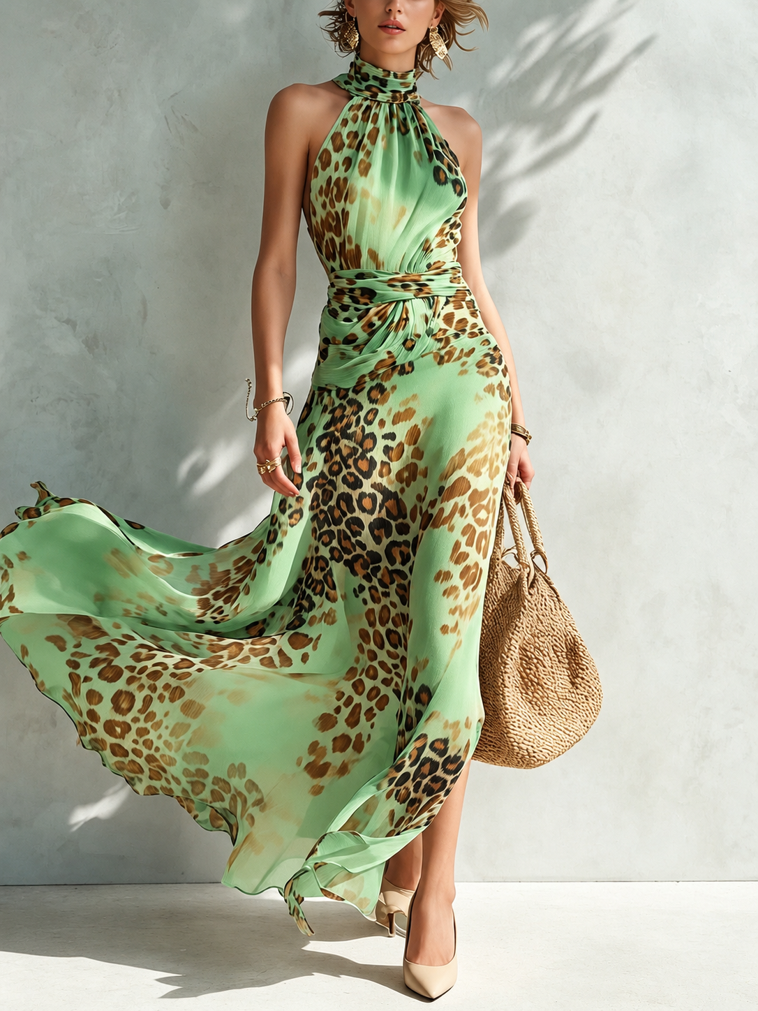 Detailed shot of the blended leopard print fabric on the Elysia animal print maxi dress, showing texture and shimmer.