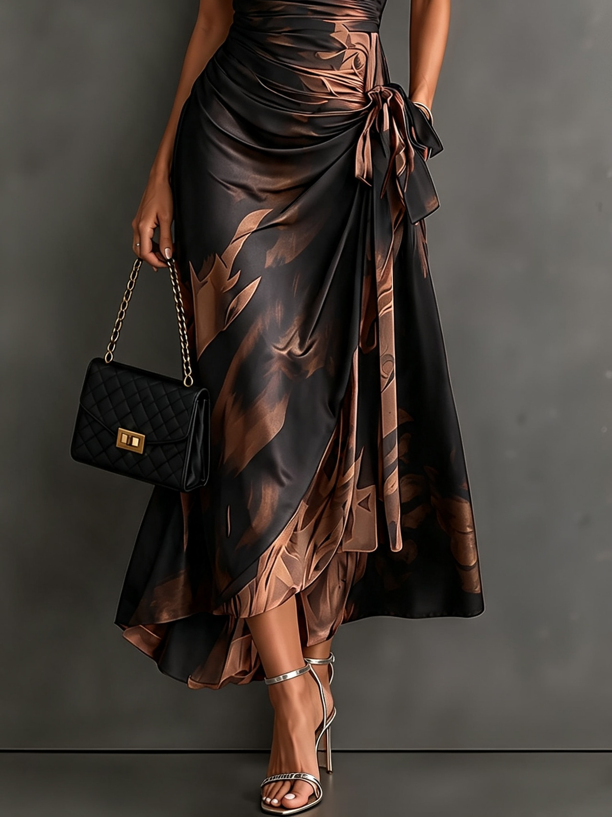 Model walking in a purple abstract maxi dress, capturing the movement and comfort of the woven fabric.