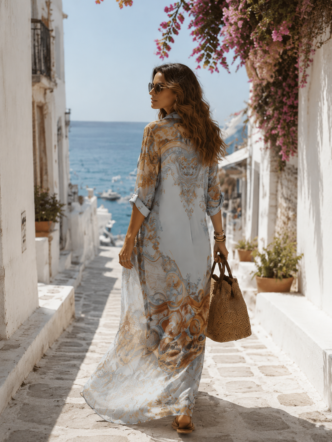 Close-up detail of the baroque floral print on the blue short sleeve maxi dress, showing the intricate design.