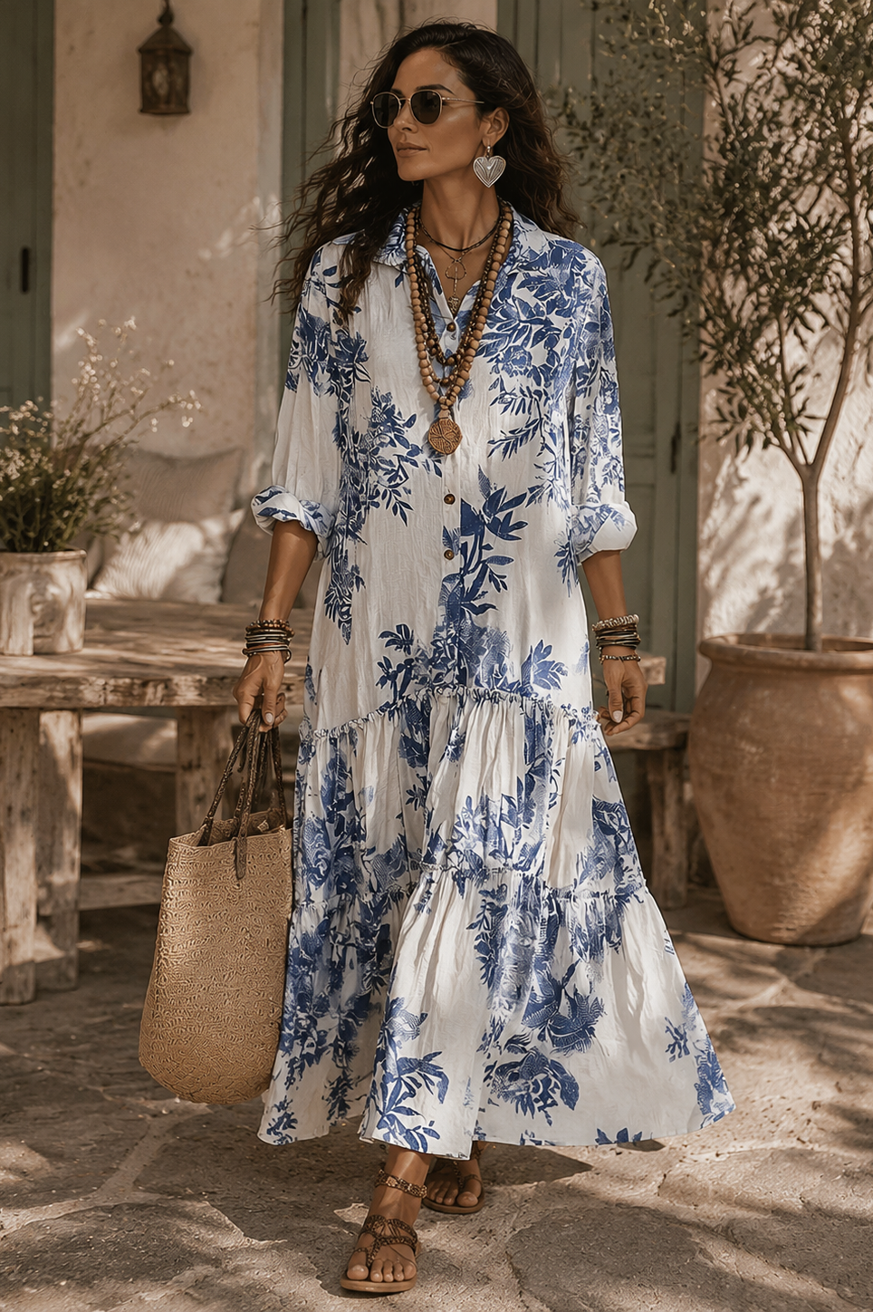Close-up detail of the delicate collar and button-down front on the elegant blue floral short sleeve maxi dress.