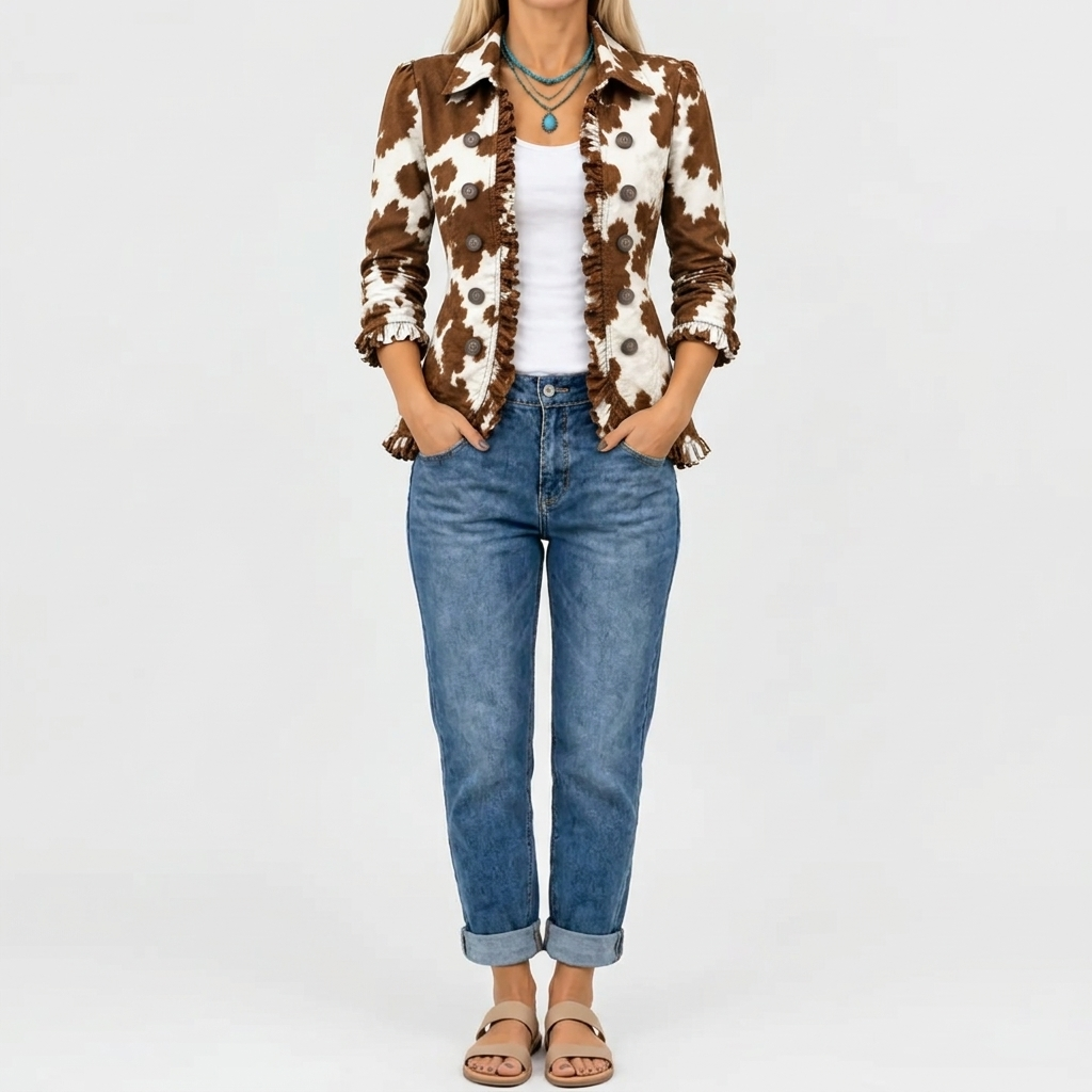 Dulcie | Cow Print Ruffle Jacket