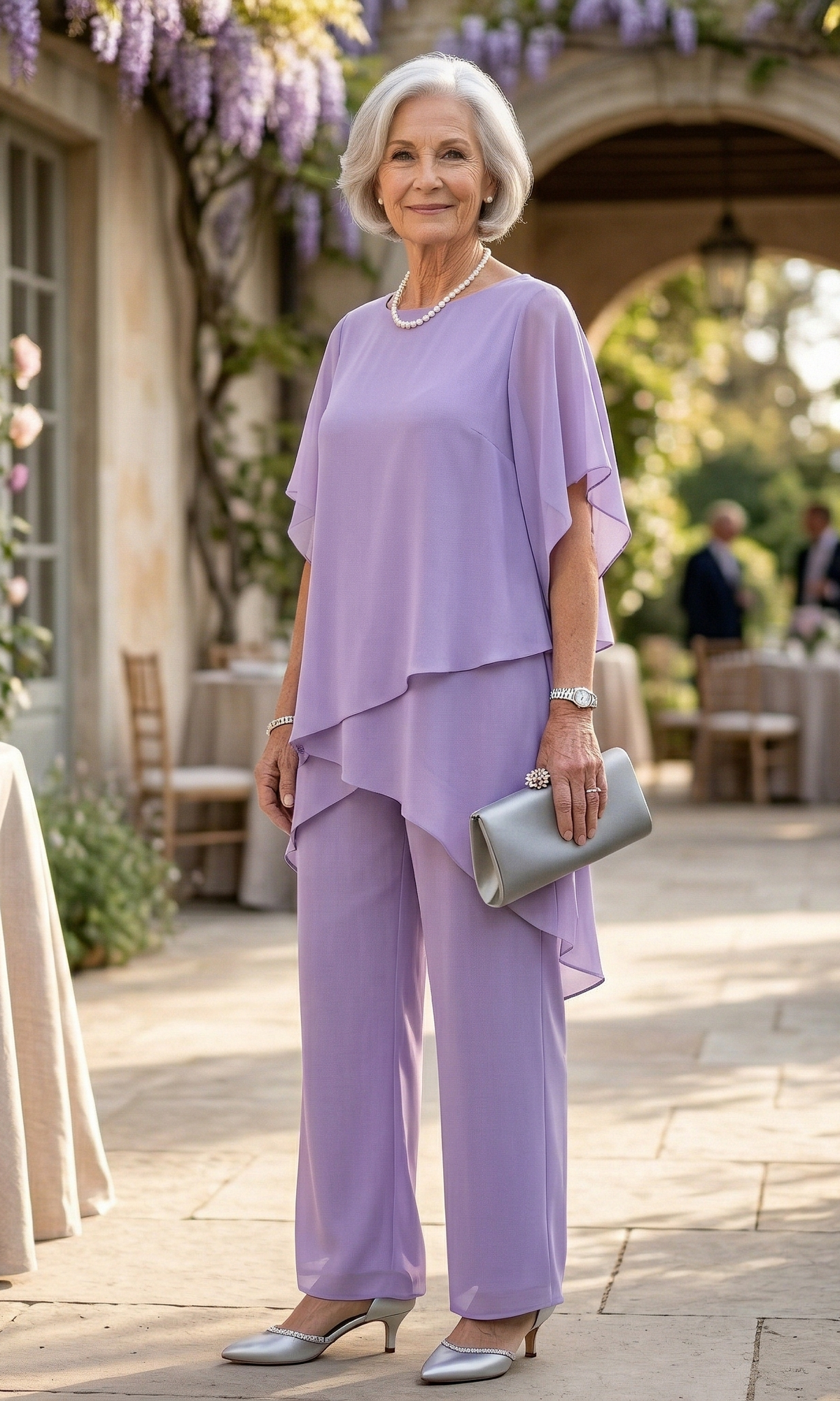 Elevated view of a model wearing the lavender blouse, capturing its airy feel and comfortable elegance.