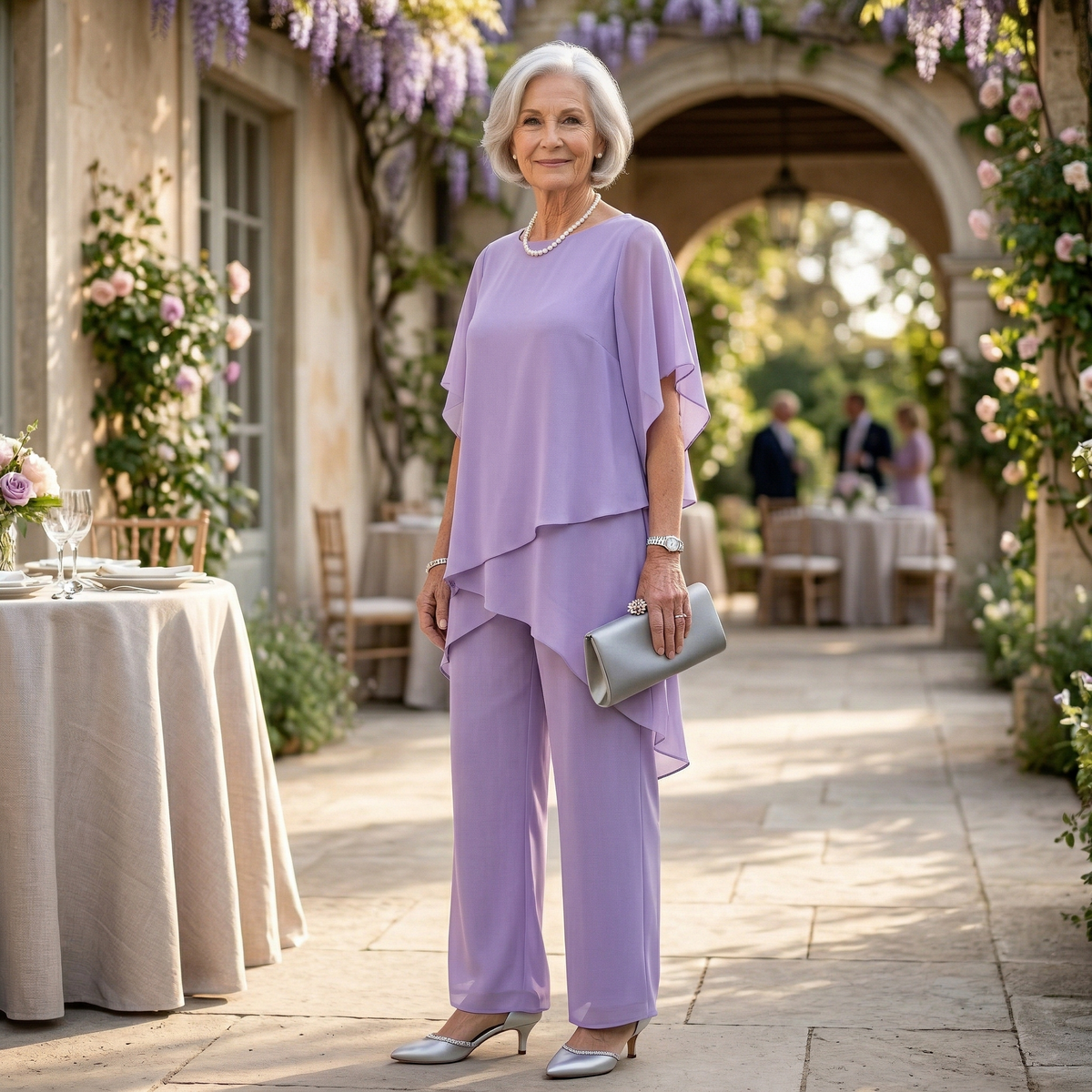 Elevated view of a model wearing the lavender blouse, capturing its airy feel and comfortable elegance.
