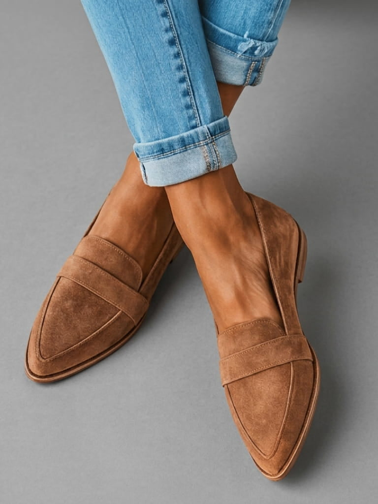 Front view of Camille women's grey suede loafers on a light background, showcasing the pointed toe and low wedge heel.
