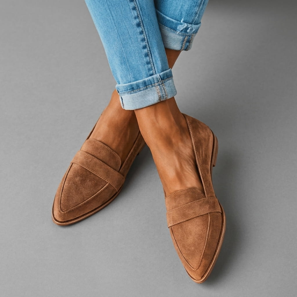 Front view of Camille women's grey suede loafers on a light background, showcasing the pointed toe and low wedge heel.