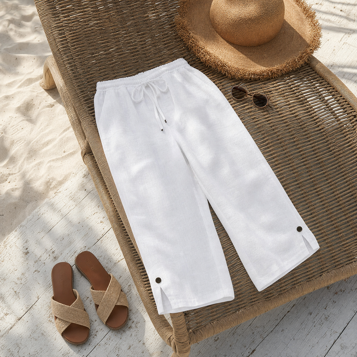 Array of six different colors of the versatile women's trousers laid flat.