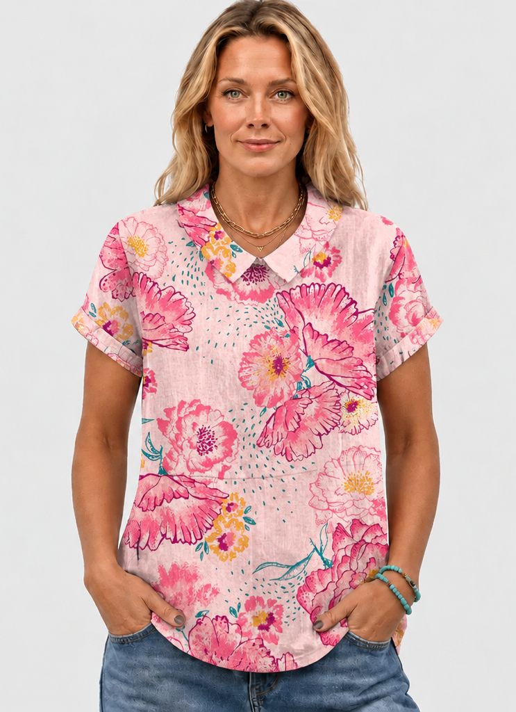 Dinah | Pink Floral Collared Top