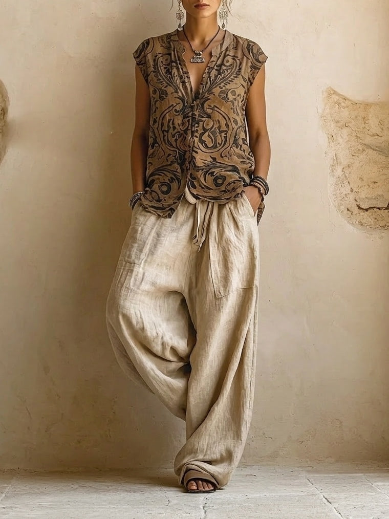 Close-up detail of the natural fabric and comfortable fit of brown wide-leg trousers while standing.