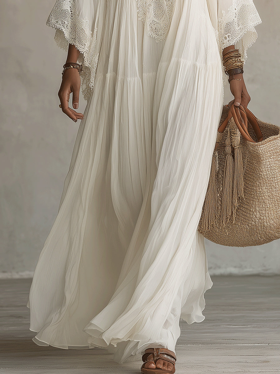 Rear view of the versatile bohemian lace maxi dress, demonstrating its elegant drape and full coverage.