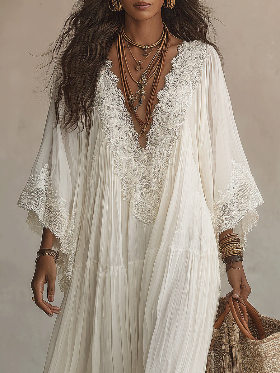 Side profile of a woman wearing the flattering white maxi dress, emphasizing its comfortable silhouette.
