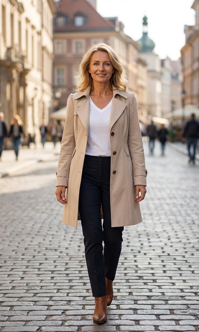 Front view of the Adeline elegant summer trench coat in beige, styled open over a white outfit.