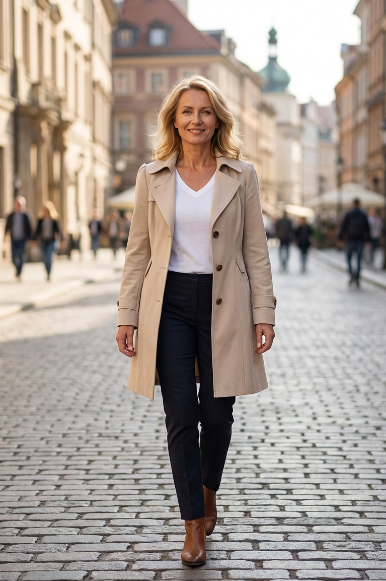 Front view of the Adeline elegant summer trench coat in beige, styled open over a white outfit.