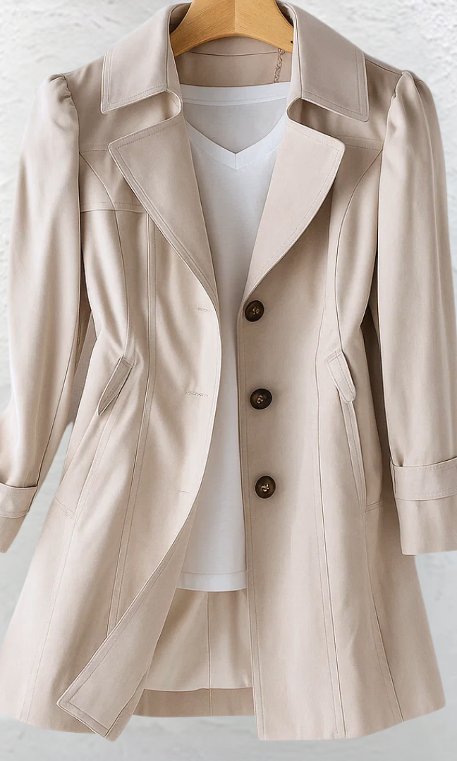 Close-up detail of the beige fabric and button closure of the Adeline trench coat, highlighting material quality.
