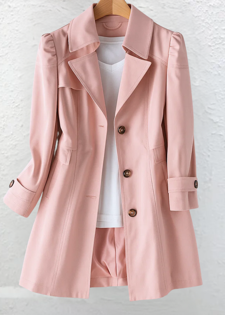 Side profile of a woman wearing the Adeline trench coat in khaki, showcasing its flowing silhouette and length.