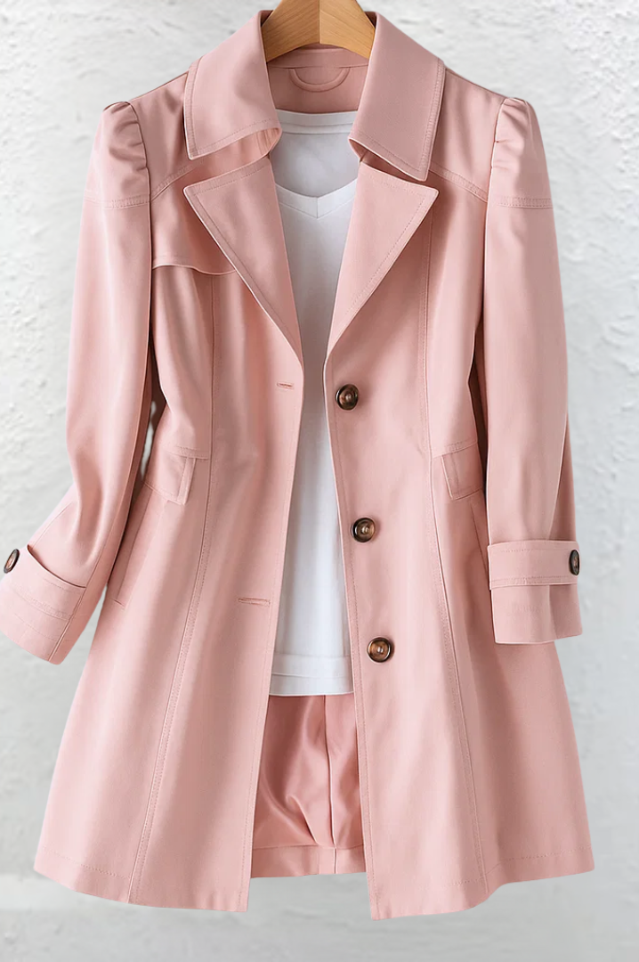 Side profile of a woman wearing the Adeline trench coat in khaki, showcasing its flowing silhouette and length.