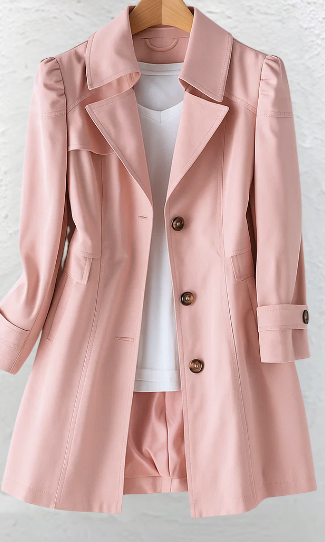 Side profile of a woman wearing the Adeline trench coat in khaki, showcasing its flowing silhouette and length.