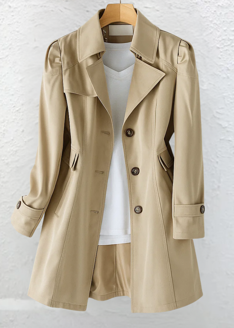 Back view of the Adeline elegant summer trench coat, revealing the smooth drape and classic design details.
