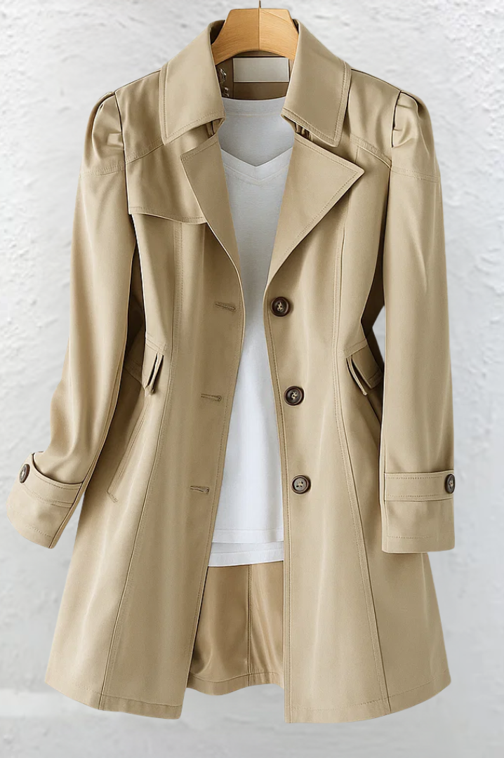 Back view of the Adeline elegant summer trench coat, revealing the smooth drape and classic design details.