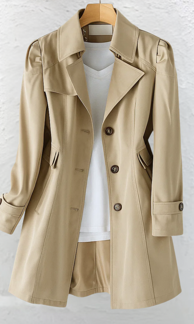Back view of the Adeline elegant summer trench coat, revealing the smooth drape and classic design details.