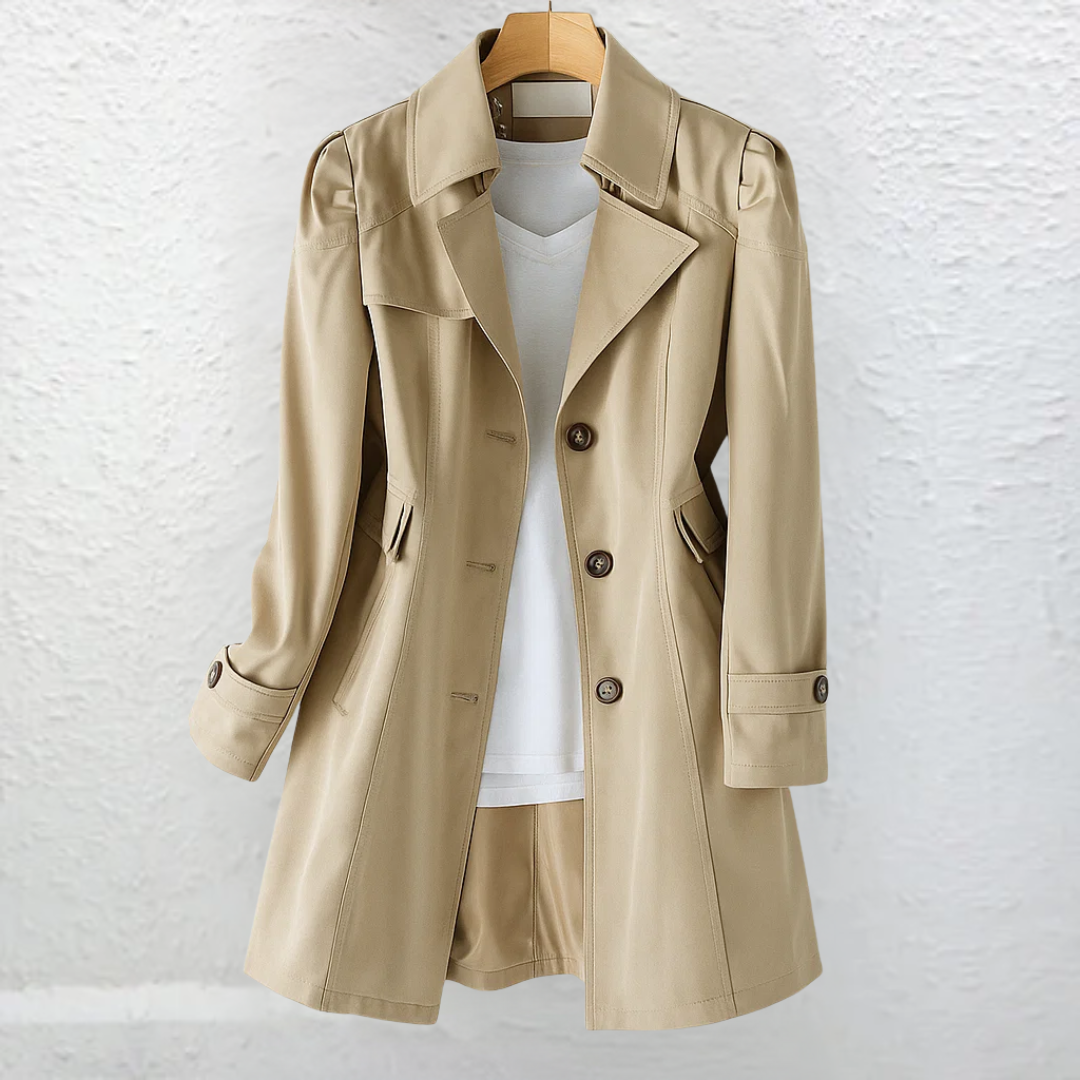 Back view of the Adeline elegant summer trench coat, revealing the smooth drape and classic design details.