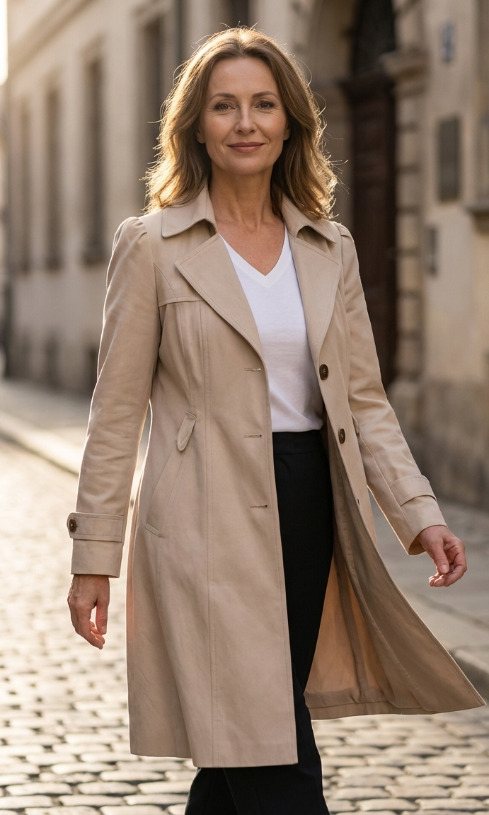 Lifestyle image of a woman walking confidently in the black Adeline trench coat, paired with smart casual attire.
