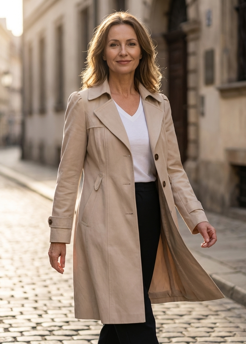 Lifestyle image of a woman walking confidently in the black Adeline trench coat, paired with smart casual attire.