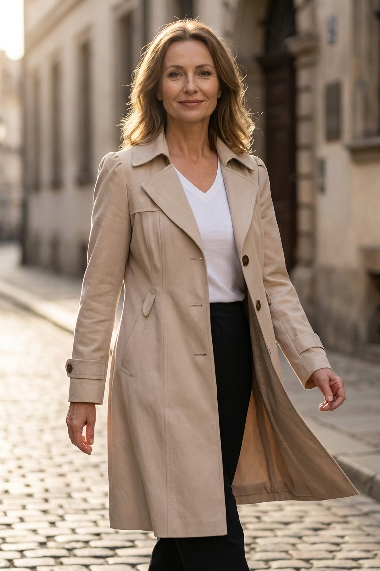 Lifestyle image of a woman walking confidently in the black Adeline trench coat, paired with smart casual attire.
