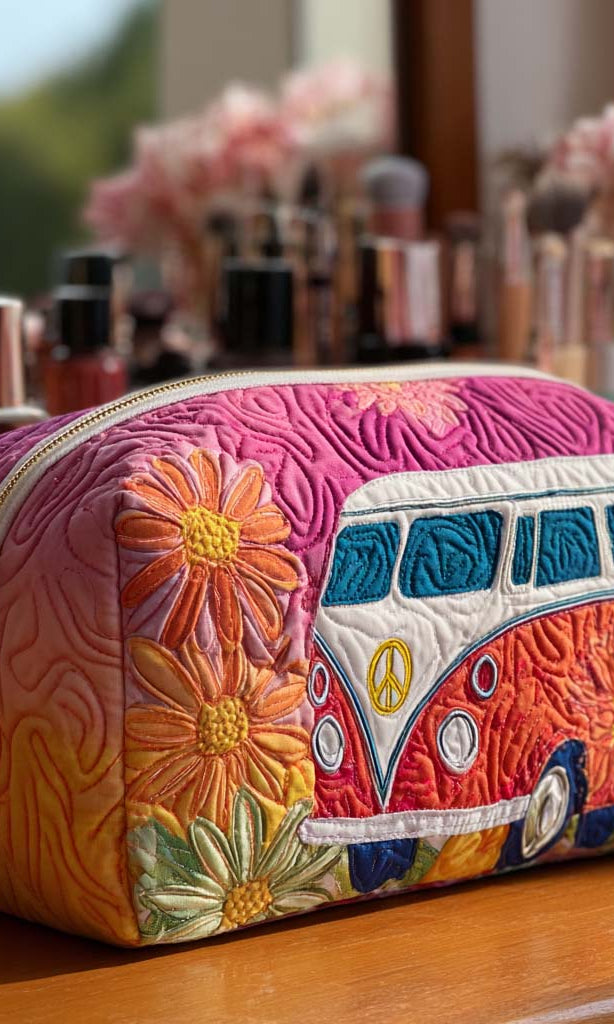 Adira quilted cosmetic bag in a vibrant fantasia viaggio retrò print, showcasing its soft texture and elegant design on a light background.