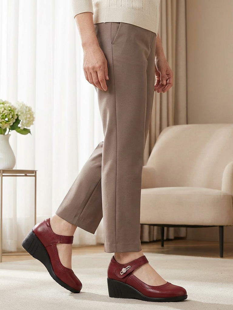 Elegant red Alana mid-heel comfort shoes, showcasing the smooth leather finish and classic design on a light background.