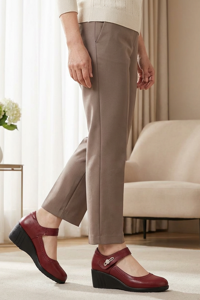 Elegant red Alana mid-heel comfort shoes, showcasing the smooth leather finish and classic design on a light background.