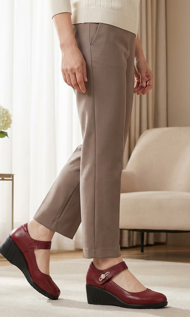 Elegant red Alana mid-heel comfort shoes, showcasing the smooth leather finish and classic design on a light background.