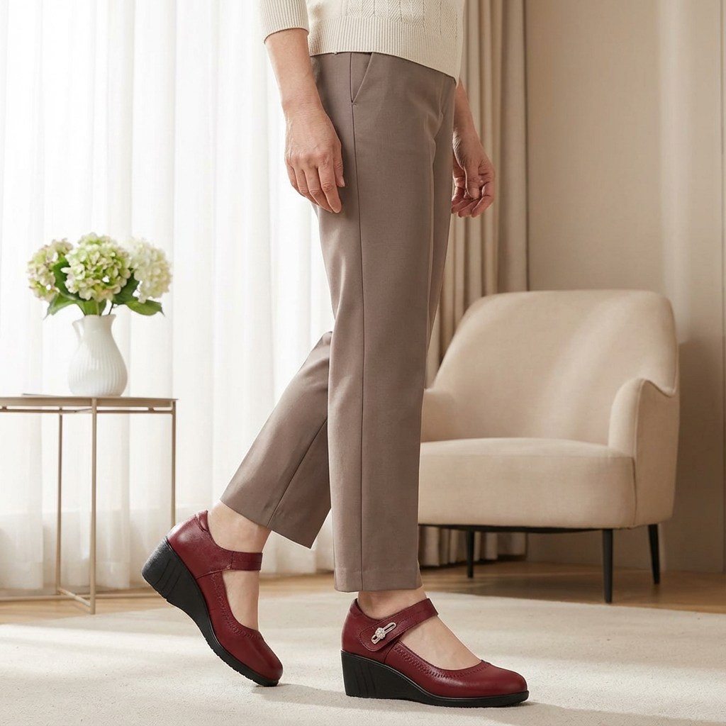 Elegant red Alana mid-heel comfort shoes, showcasing the smooth leather finish and classic design on a light background.
