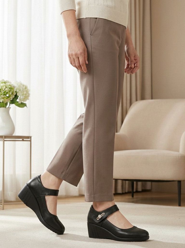 Side profile of the black Alana mid-heel comfort shoes, highlighting the ergonomic 1.5-inch heel and adjustable strap.