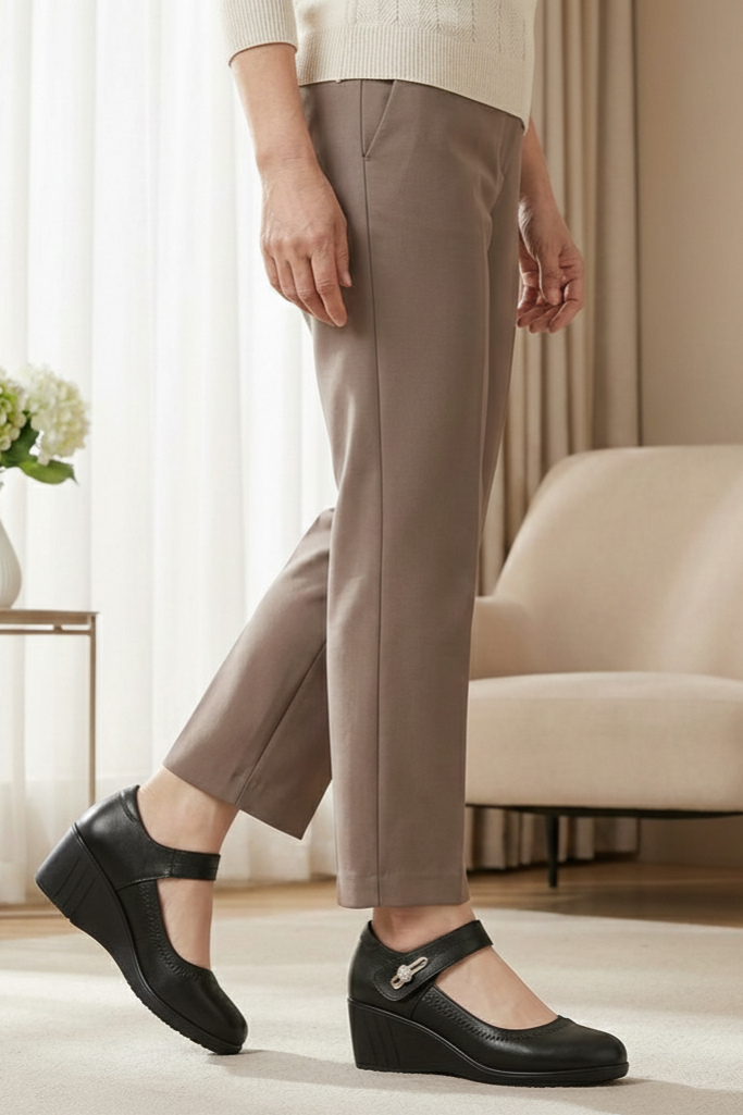 Side profile of the black Alana mid-heel comfort shoes, highlighting the ergonomic 1.5-inch heel and adjustable strap.