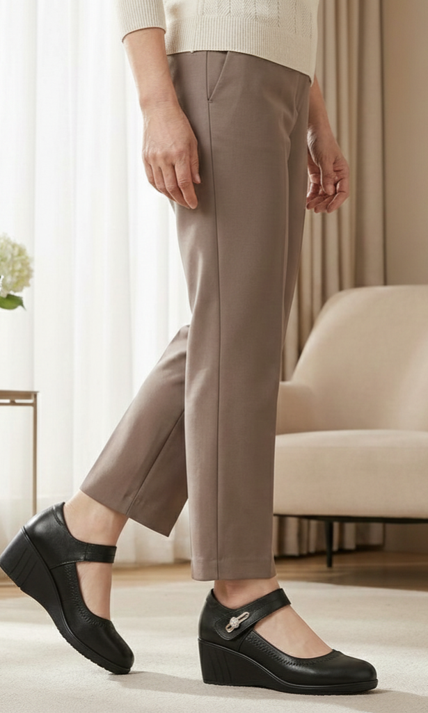 Side profile of the black Alana mid-heel comfort shoes, highlighting the ergonomic 1.5-inch heel and adjustable strap.